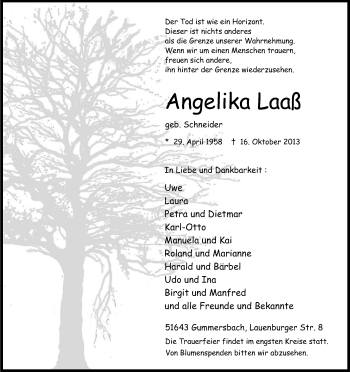 Anzeige von Angelika Laaß von Kölner Stadt-Anzeiger / Kölnische Rundschau / Express