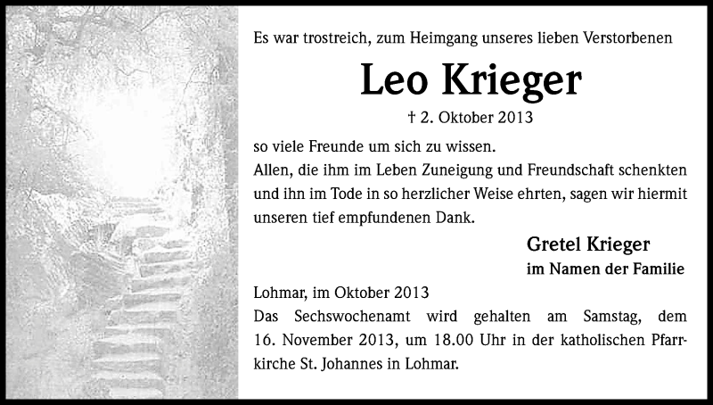  Traueranzeige für Leo Krieger vom 09.11.2013 aus Kölner Stadt-Anzeiger / Kölnische Rundschau / Express