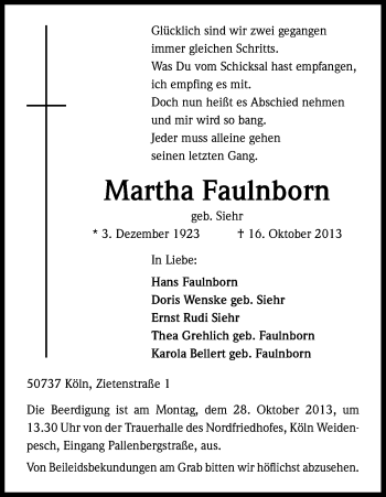 Anzeige von Martha Faulnborn von Kölner Stadt-Anzeiger / Kölnische Rundschau / Express