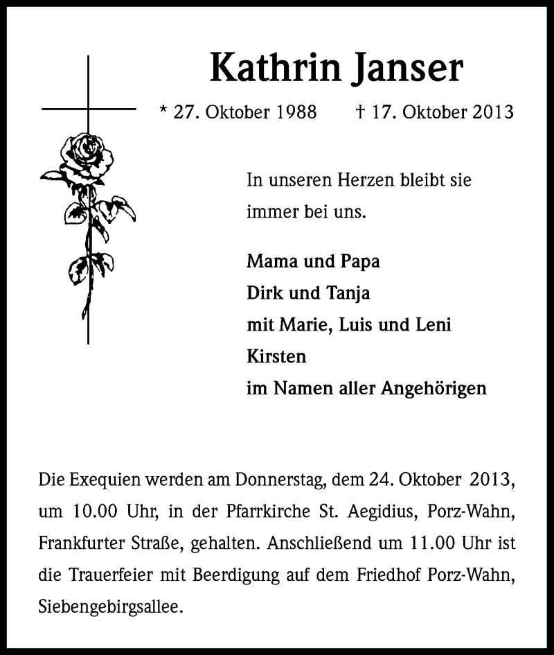  Traueranzeige für Kathrin Janser vom 19.10.2013 aus Kölner Stadt-Anzeiger / Kölnische Rundschau / Express