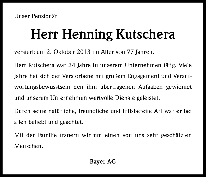  Traueranzeige für Henning Kutschera vom 21.10.2013 aus Kölner Stadt-Anzeiger / Kölnische Rundschau / Express