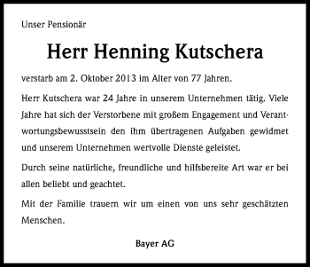 Anzeige von Henning Kutschera von Kölner Stadt-Anzeiger / Kölnische Rundschau / Express