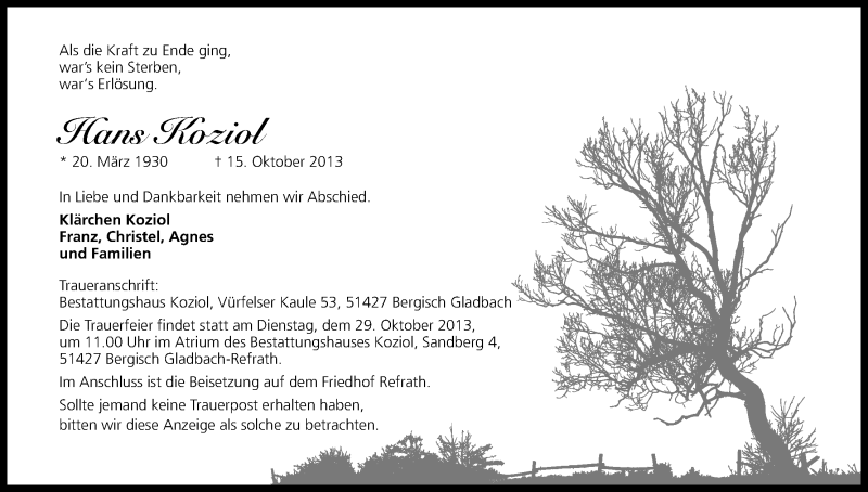  Traueranzeige für Hans Koziol vom 26.10.2013 aus Kölner Stadt-Anzeiger / Kölnische Rundschau / Express