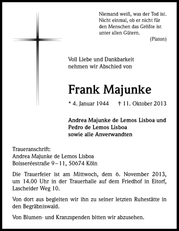 Anzeige von Frank Majunke von Kölner Stadt-Anzeiger / Kölnische Rundschau / Express