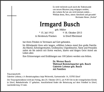 Anzeige von Irmgard Busch von Kölner Stadt-Anzeiger / Kölnische Rundschau / Express
