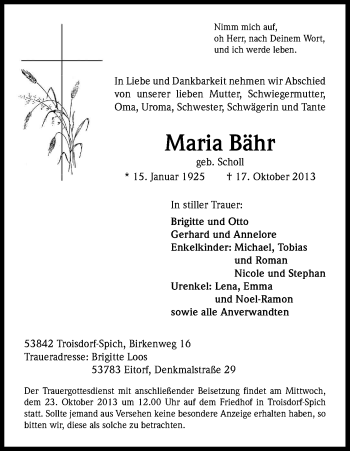 Anzeige von Maria Bähr von Kölner Stadt-Anzeiger / Kölnische Rundschau / Express