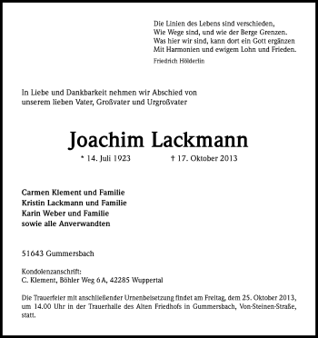 Anzeige von Joachim Lackmann von Kölner Stadt-Anzeiger / Kölnische Rundschau / Express
