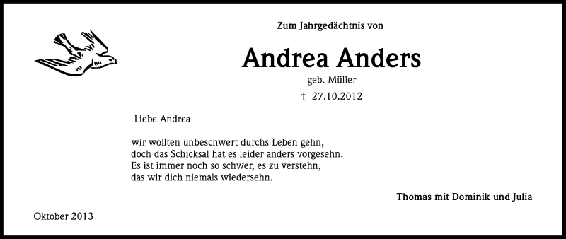  Traueranzeige für Andrea Anders vom 28.10.2013 aus Kölner Stadt-Anzeiger / Kölnische Rundschau / Express