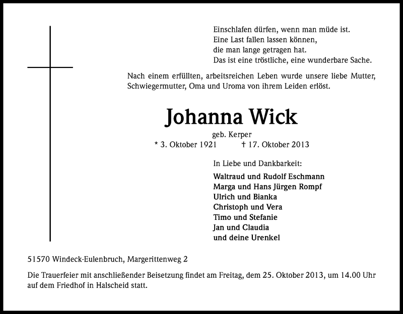  Traueranzeige für Johanna Wick vom 23.10.2013 aus Kölner Stadt-Anzeiger / Kölnische Rundschau / Express