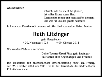 Anzeige von Ruth Litzinger von Kölner Stadt-Anzeiger / Kölnische Rundschau / Express