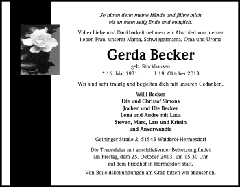 Anzeige von Gerda Becker von Kölner Stadt-Anzeiger / Kölnische Rundschau / Express