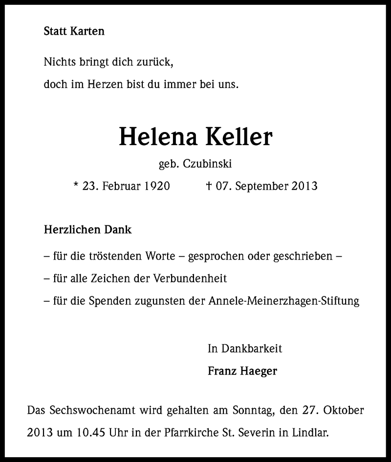  Traueranzeige für Helena Keller vom 23.10.2013 aus Kölner Stadt-Anzeiger / Kölnische Rundschau / Express