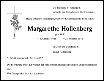Anzeige von Margarethe Hollenberg von Kölner Stadt-Anzeiger / Kölnische Rundschau / Express