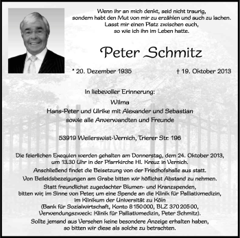 Anzeige von Peter Schmitz von Kölner Stadt-Anzeiger / Kölnische Rundschau / Express