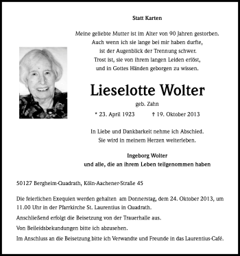 Anzeige von Lieselotte Wolter von Kölner Stadt-Anzeiger / Kölnische Rundschau / Express