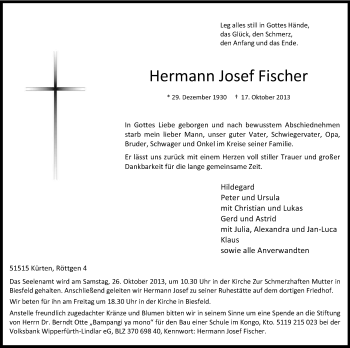Anzeige von Hermann Josef Fischer von Kölner Stadt-Anzeiger / Kölnische Rundschau / Express