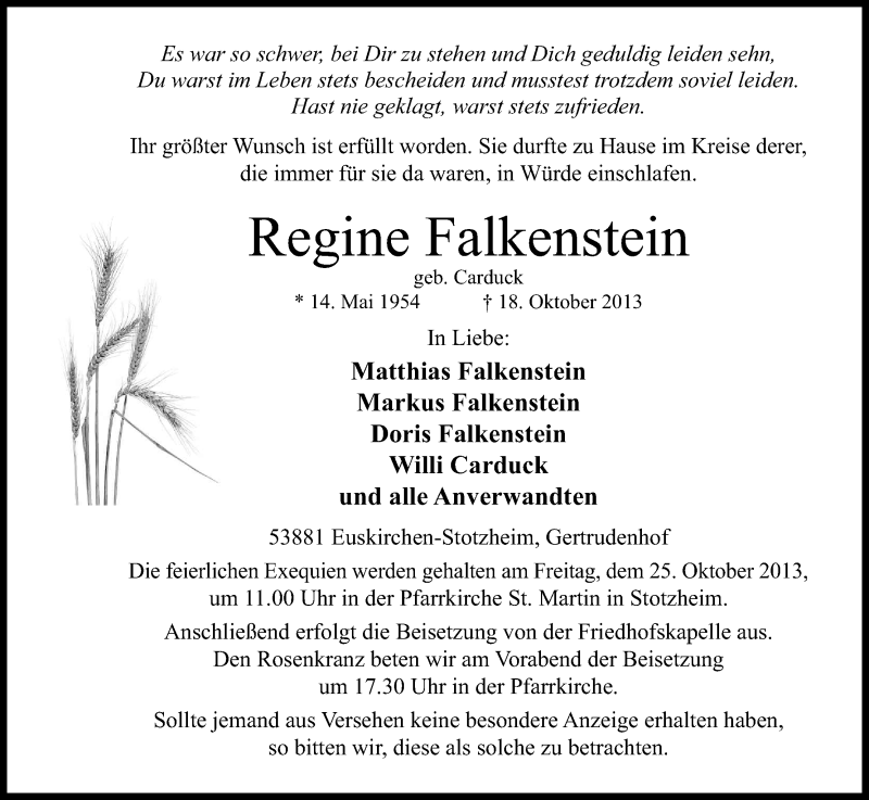  Traueranzeige für Regine Falkenstein vom 23.10.2013 aus Kölner Stadt-Anzeiger / Kölnische Rundschau / Express