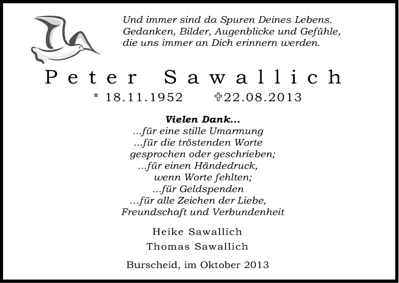  Traueranzeige für Peter Sawallich vom 23.10.2013 aus Kölner Stadt-Anzeiger / Kölnische Rundschau / Express