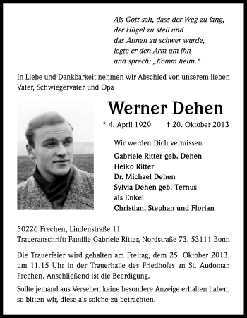 Anzeige von Werner Dehen von Kölner Stadt-Anzeiger / Kölnische Rundschau / Express