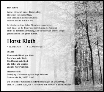 Anzeige von Horst Kluth von Kölner Stadt-Anzeiger / Kölnische Rundschau / Express