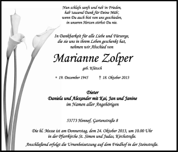 Anzeige von Marianne Zolper von Kölner Stadt-Anzeiger / Kölnische Rundschau / Express