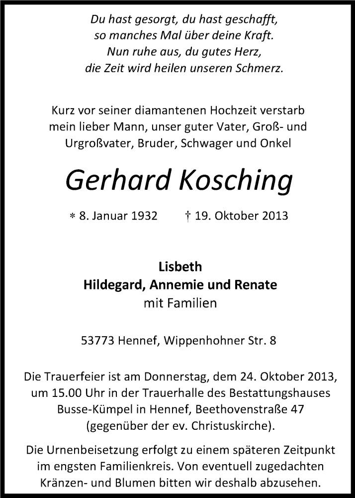  Traueranzeige für Gerhard Kosching vom 23.10.2013 aus Kölner Stadt-Anzeiger / Kölnische Rundschau / Express