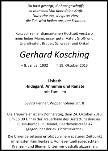 Anzeige von Gerhard Kosching von Kölner Stadt-Anzeiger / Kölnische Rundschau / Express
