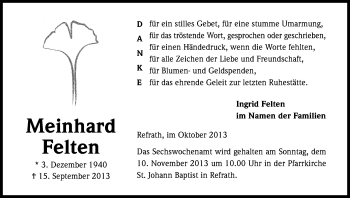 Anzeige von Meinhard Felten von Kölner Stadt-Anzeiger / Kölnische Rundschau / Express