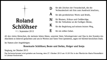 Anzeige von Roland Schlöhser von Kölner Stadt-Anzeiger / Kölnische Rundschau / Express