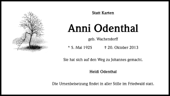 Anzeige von Anni Odenthal von Kölner Stadt-Anzeiger / Kölnische Rundschau / Express