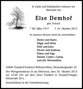 Anzeige von Else Demhof von Kölner Stadt-Anzeiger / Kölnische Rundschau / Express