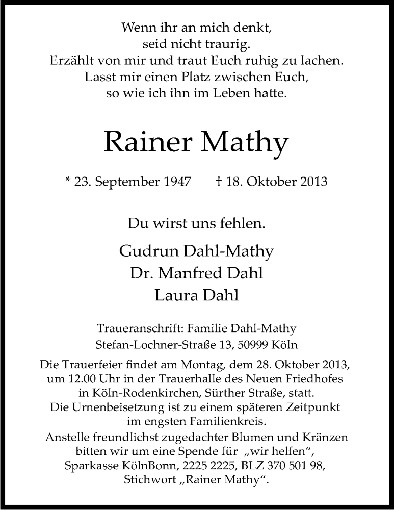  Traueranzeige für Rainer Mathy vom 23.10.2013 aus Kölner Stadt-Anzeiger / Kölnische Rundschau / Express