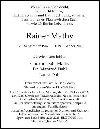 Anzeige von Rainer Mathy von Kölner Stadt-Anzeiger / Kölnische Rundschau / Express