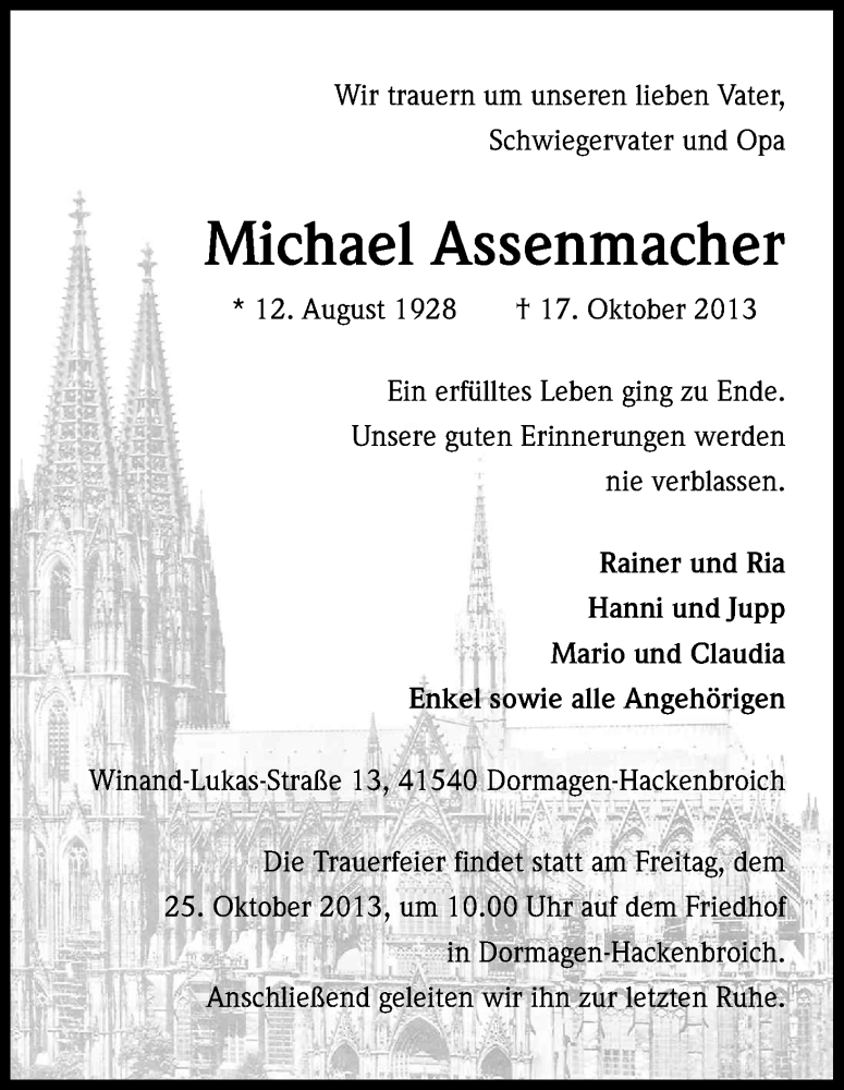  Traueranzeige für Michael Assenmacher vom 23.10.2013 aus Kölner Stadt-Anzeiger / Kölnische Rundschau / Express