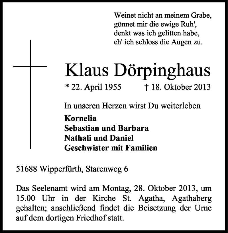  Traueranzeige für Klaus Dörpinghaus vom 23.10.2013 aus Kölner Stadt-Anzeiger / Kölnische Rundschau / Express