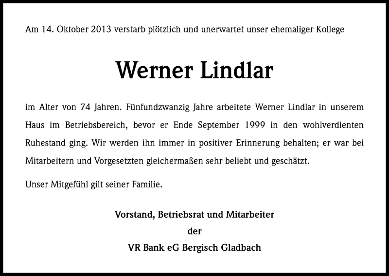  Traueranzeige für Werner Lindlar vom 23.10.2013 aus Kölner Stadt-Anzeiger / Kölnische Rundschau / Express