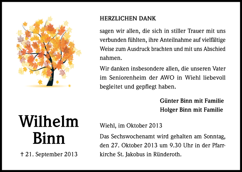  Traueranzeige für Wilhelm Binn vom 23.10.2013 aus Kölner Stadt-Anzeiger / Kölnische Rundschau / Express