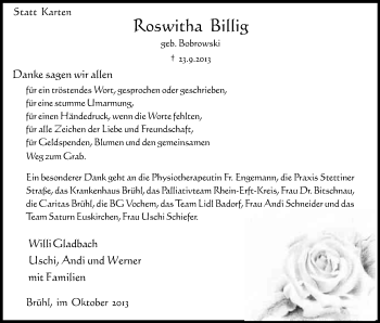 Anzeige von Roswitha Billig von Kölner Stadt-Anzeiger / Kölnische Rundschau / Express