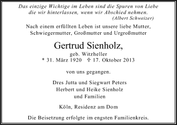 Anzeige von Gertrud Sienholz von Kölner Stadt-Anzeiger / Kölnische Rundschau / Express