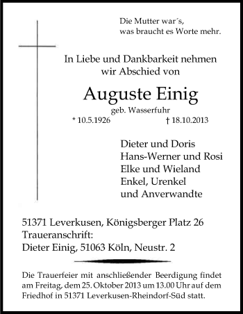Anzeige von Auguste Einig von Kölner Stadt-Anzeiger / Kölnische Rundschau / Express