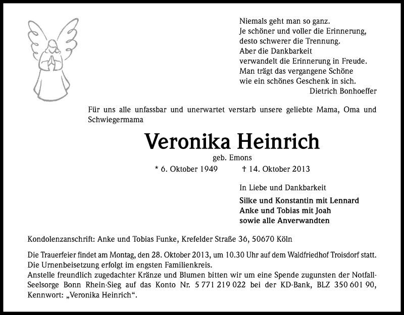 Traueranzeige für Veronika Heinrich vom 23.10.2013 aus Kölner Stadt-Anzeiger / Kölnische Rundschau / Express
