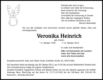 Anzeige von Veronika Heinrich von Kölner Stadt-Anzeiger / Kölnische Rundschau / Express