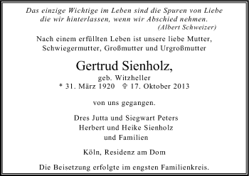 Anzeige von Gertrud Sienholz von Kölner Stadt-Anzeiger / Kölnische Rundschau / Express