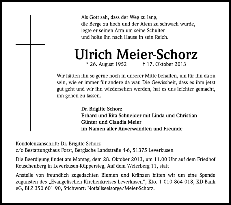 Traueranzeige für Ulrich Meier-Schorz vom 23.10.2013 aus Kölner Stadt-Anzeiger / Kölnische Rundschau / Express
