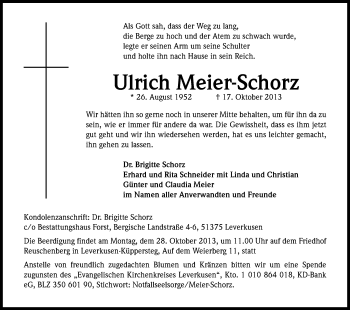 Anzeige von Ulrich Meier-Schorz von Kölner Stadt-Anzeiger / Kölnische Rundschau / Express