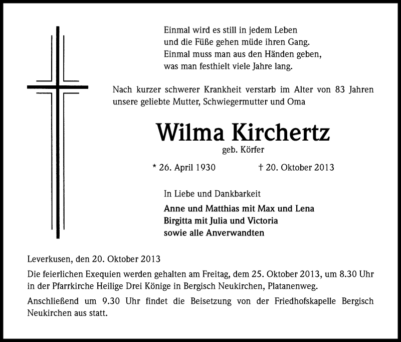  Traueranzeige für Wilma Kichertz vom 23.10.2013 aus Kölner Stadt-Anzeiger / Kölnische Rundschau / Express