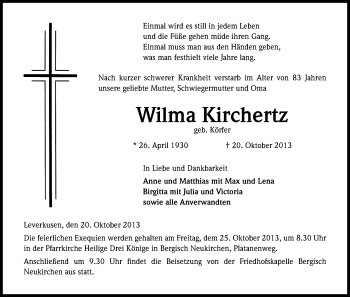 Anzeige von Wilma Kichertz von Kölner Stadt-Anzeiger / Kölnische Rundschau / Express