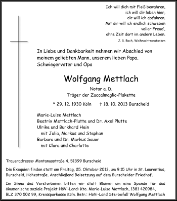 Anzeige von Wolfgang Mettlach von Kölner Stadt-Anzeiger / Kölnische Rundschau / Express