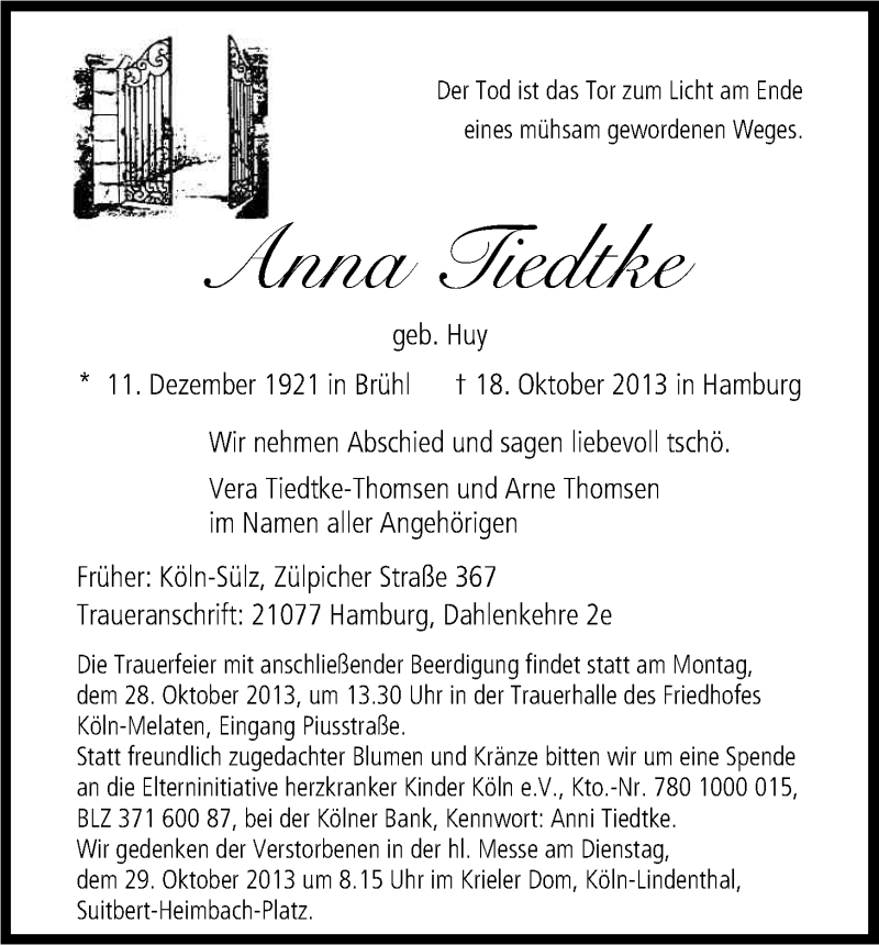 Traueranzeige für Anna Tiedtke vom 23.10.2013 aus Kölner Stadt-Anzeiger / Kölnische Rundschau / Express