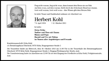 Anzeige von Herbert Kohl von Kölner Stadt-Anzeiger / Kölnische Rundschau / Express